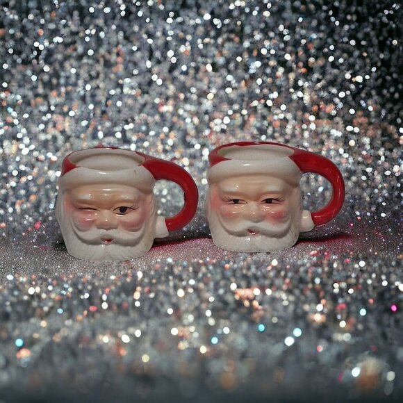 Vintage Mini Santa Christmas Mugs Winking and Non-Winking Ceramic Set 2 oz 2.5" - Picture 5 of 11